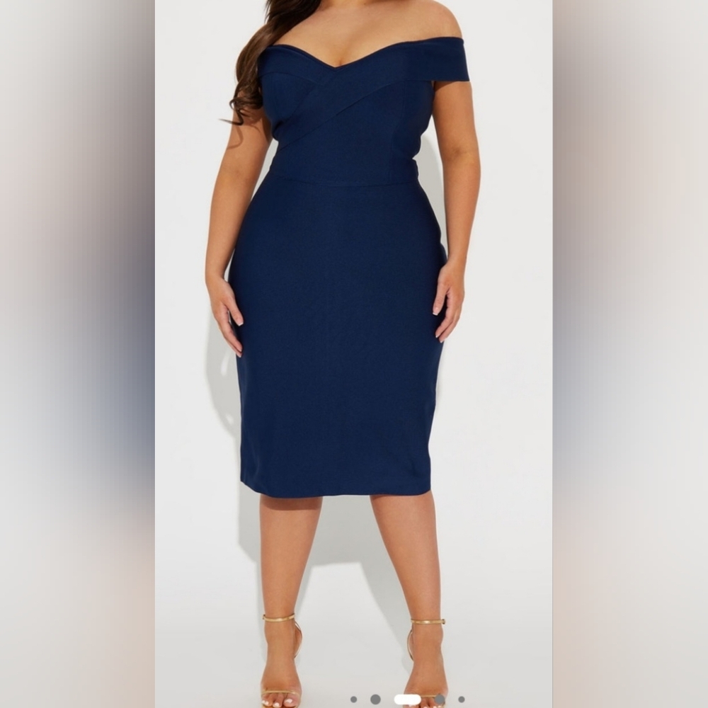 Fashion Nova Off-Shoulder Navy Pencil Skirt Dress